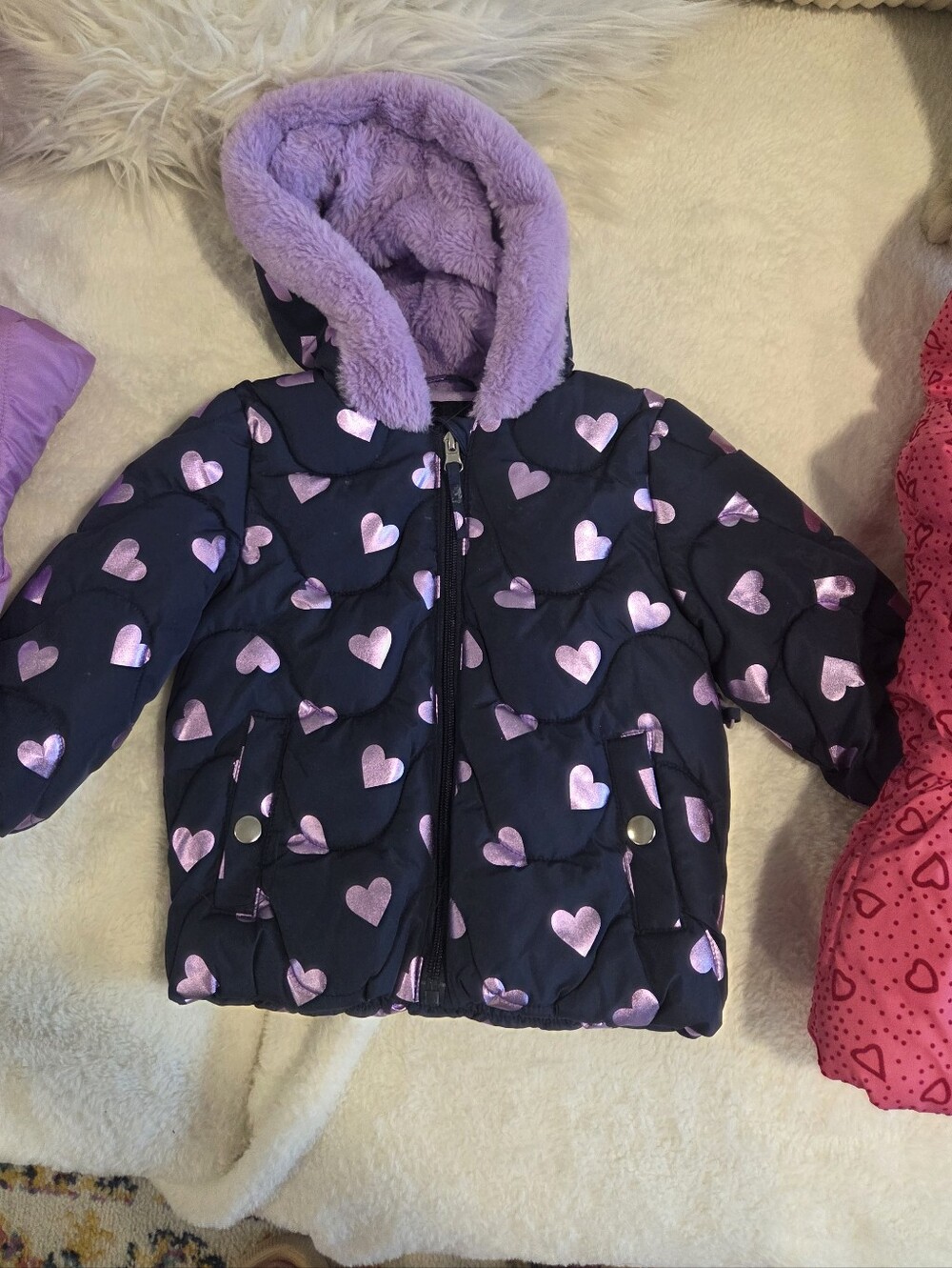 Rothschild Navy Puffer Jacket with Lilac Heart Print and Lilac Faux-Fur Hood